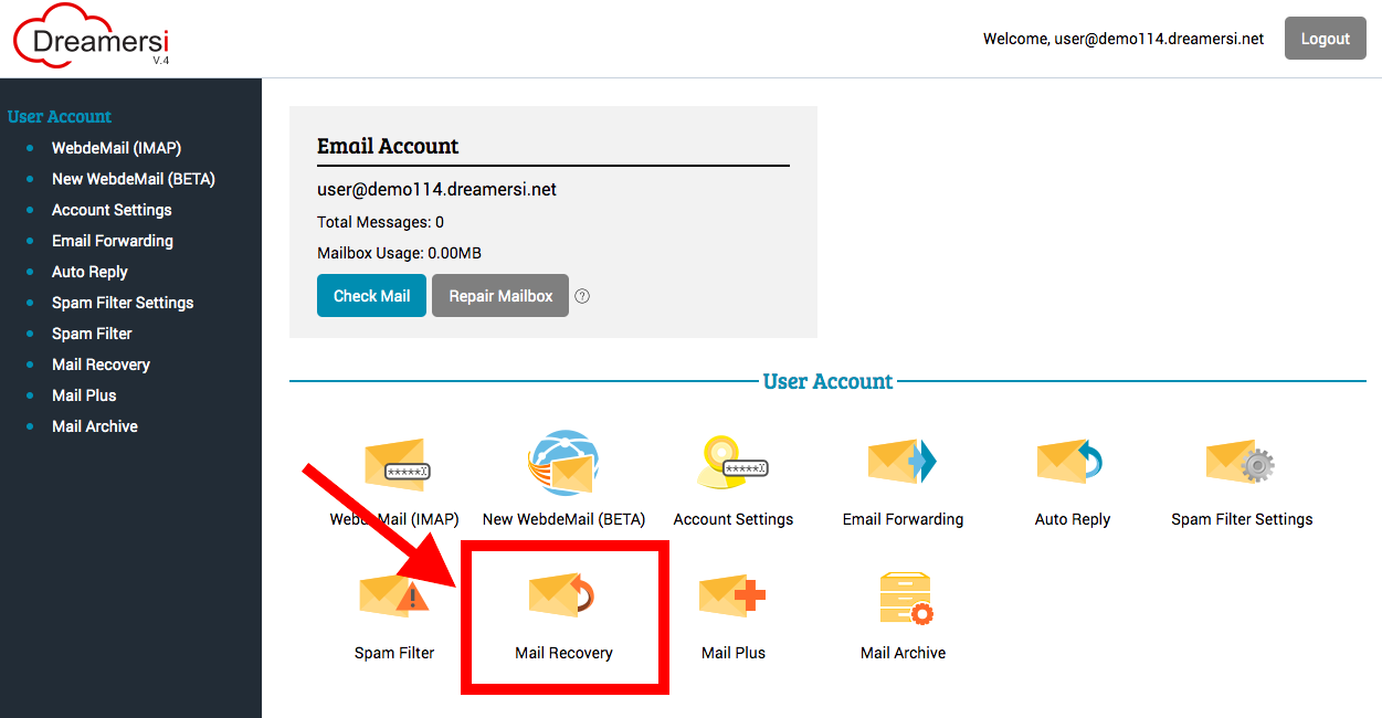 Click mail recovery under the user account section